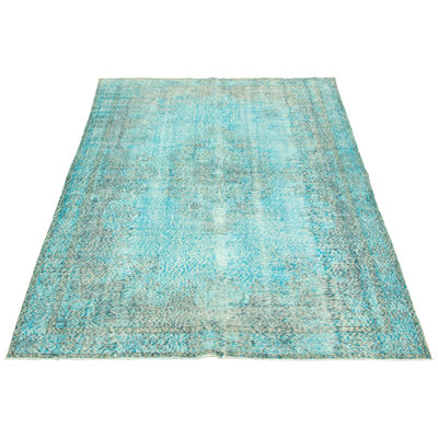Tapis décoratif bleu en laine de conception unique 6 pi 4 po x 9 pi 8 po noué à la main