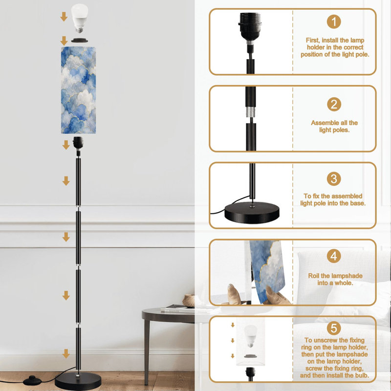 Lampe sur pied avec abat-jour aquarelle nuances bleues et accents dorés, lampe sur pied moderne avec télécommande, interrupteur au pied, ampoule, abat-jour, grand lampadaire pour salon, chambre, bureau