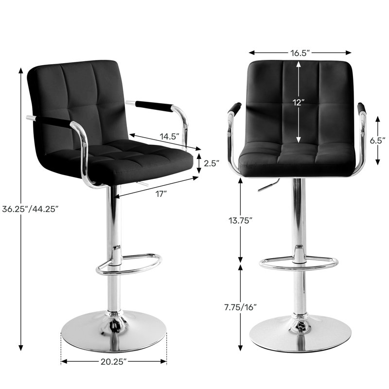 Set of 2 Adjustable Swivel Bar Stools, Modern PU Leather Upholstered Counter Height Bar Chairs with Chrome Base and Footrest, Black