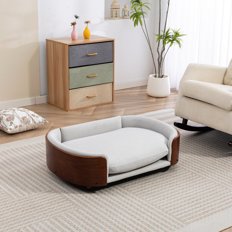 Style scandinave, lit pour chien surélevé, animal de compagnie, dossier en bois cintré, gris, lavable amovible, conception en noyer ventilé de grande taille, assemblage facile