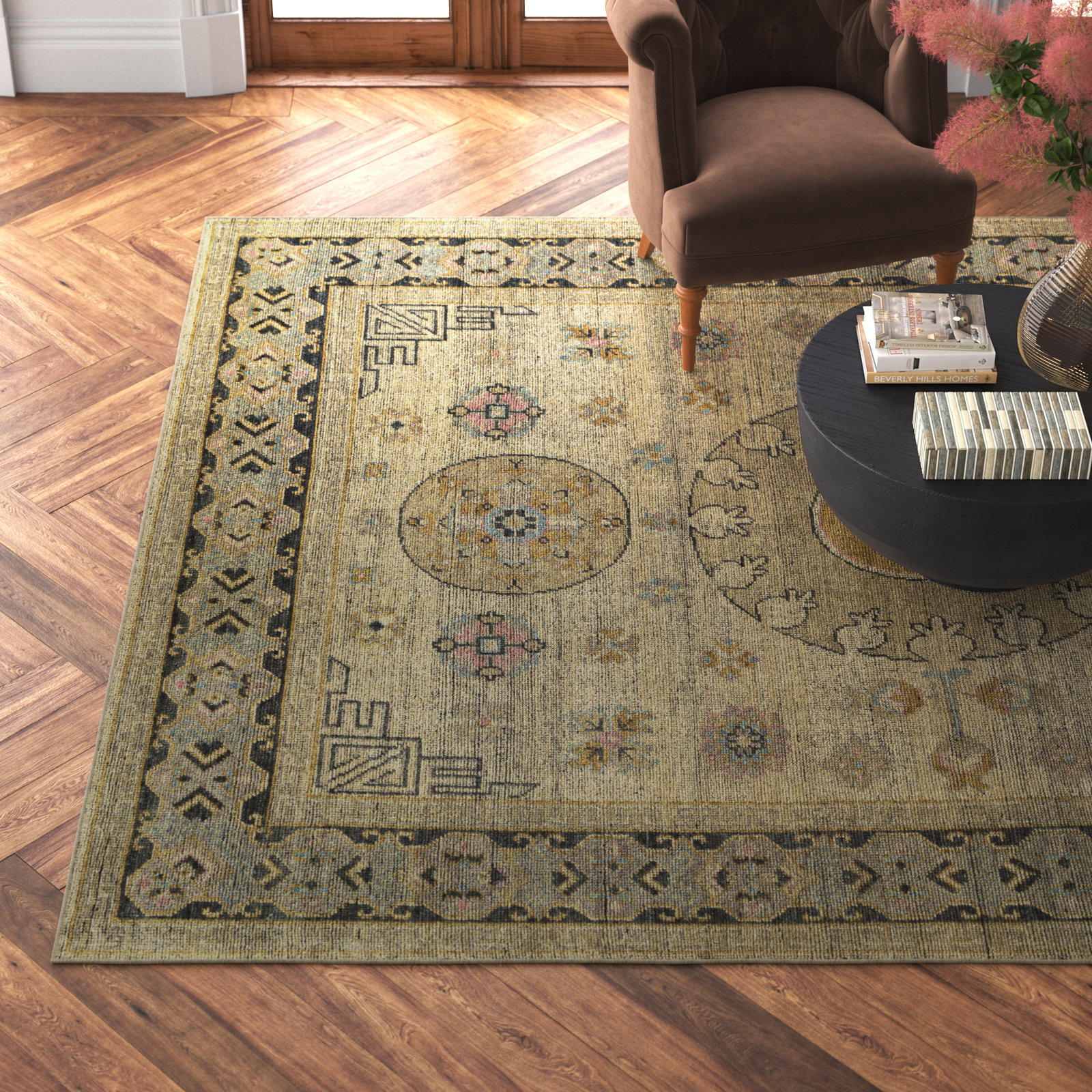 Robby Beige Black Hand-Knotted Oriental Wool Rug, Rectangle 8' x 10'