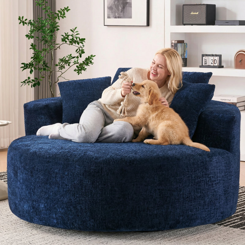 Oversized Swivel Chair – 55" Waffle Chenille, Compression, Blue