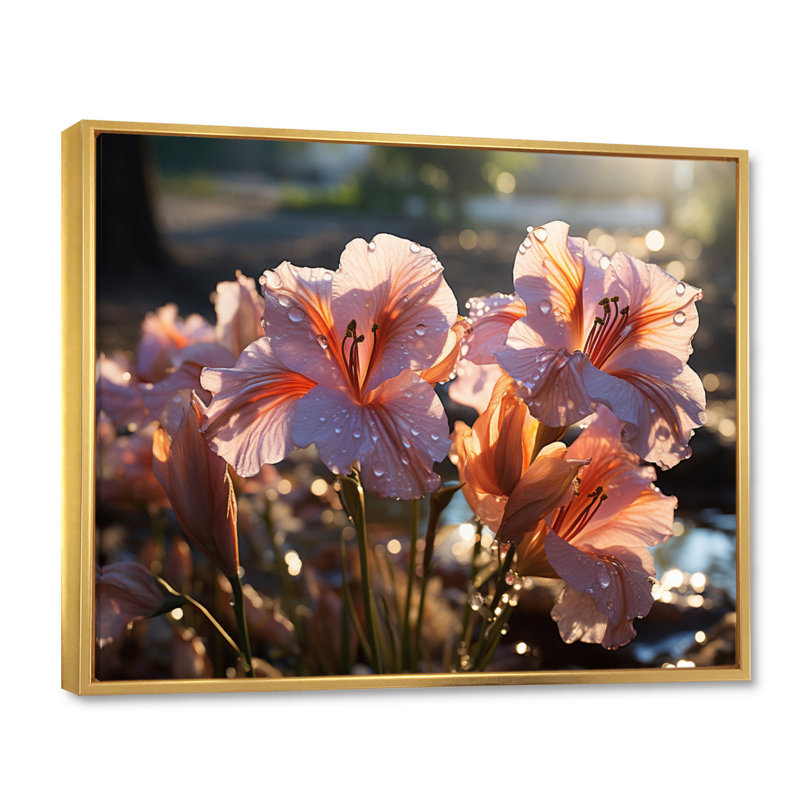 Pink Irises Field III, Cadre flottant doré, H 16 po x l 32 po x P 1 po