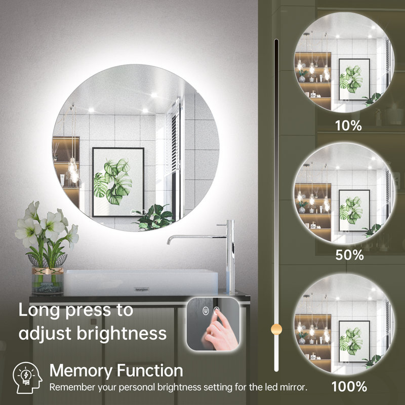Adorna  Round Frameless Backlit Mirror, LED Bathroom Mirror with Dimmable Brightness, Anti-fog Function, 50000h Lifetime, Shatterproof Film