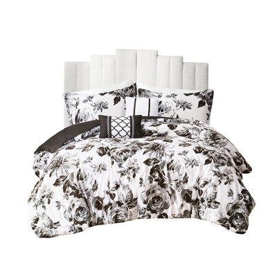 King/ King Floral Print Comforter - , Soft Microfiber, 2 Shams And Decorative Pillows, Black White Design, Washable By Machine Bedding Comforter, Pattern, Modern Bedroom