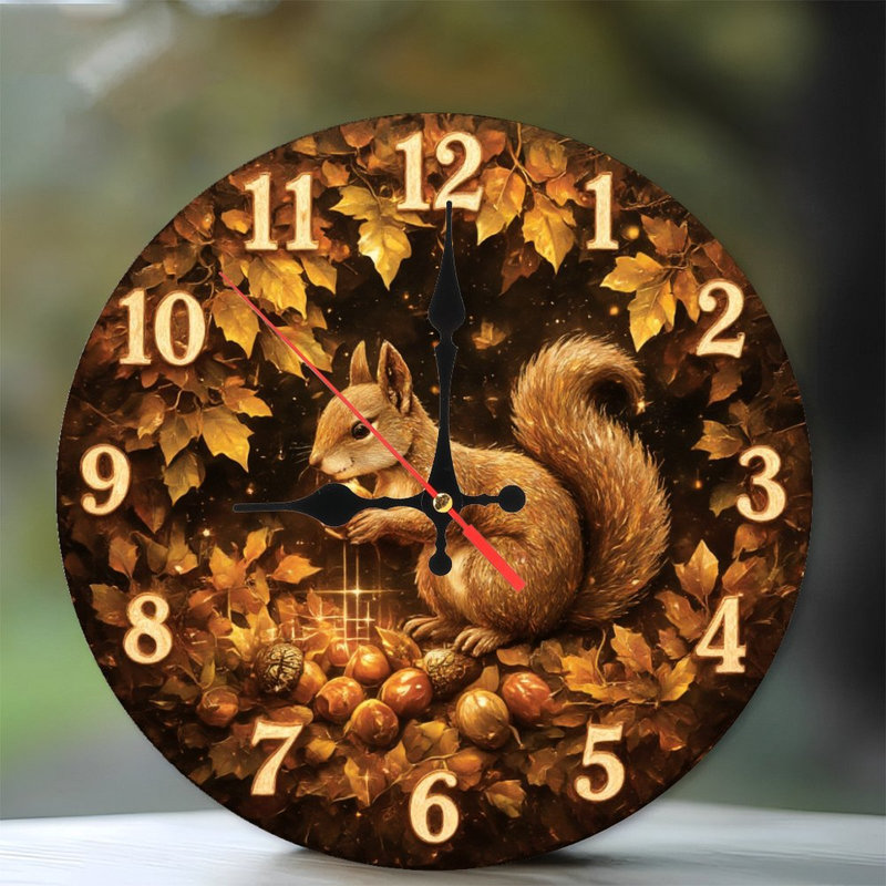 autumn squirrel clock leaves nuts design