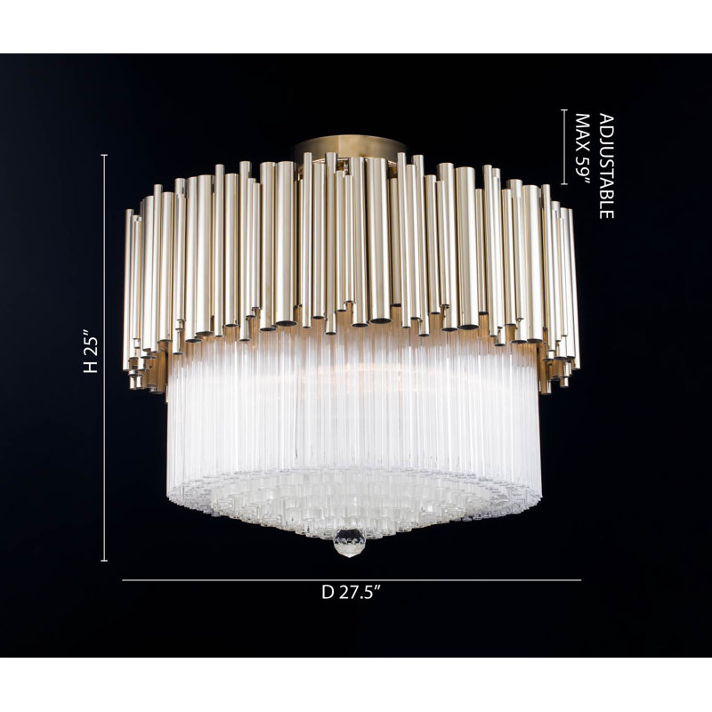 Lustre 6 lumières 2 niveaux or avec tiges de verre transparent