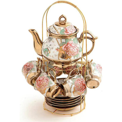 Gold Plated Rose Ceramic Tea Set Vintage Teapot Beautiful Tea Set Coffee Serving 6 People Golden