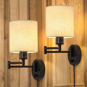 Plug in Wall Light Set of 2, Swing Arm Wall Lamps, with Linen Lampshade