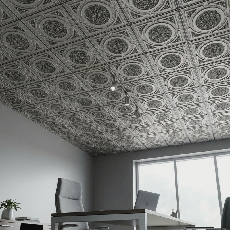 Carreau de plafond en PVC encastré ou collé Steampunk, Argent antique, L 24 po x l 24 po