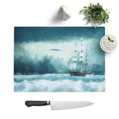Tempered Glass Ship Sailing over a Stormy Sea Chopping Board