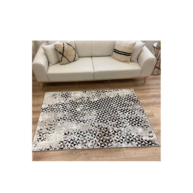 Gray Geometric Pattern Washable Rug, Rectangle 3'11" x 5'11"