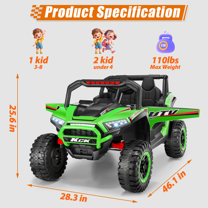 24V 2 Seater Ride On Car With Remote Control, Powered Ride On UTV Toys For Boys, Girls, Ages 3-8, Electric Car W/ Colorful LED Lights, Bluetooth, MP3, USB, 5MPH