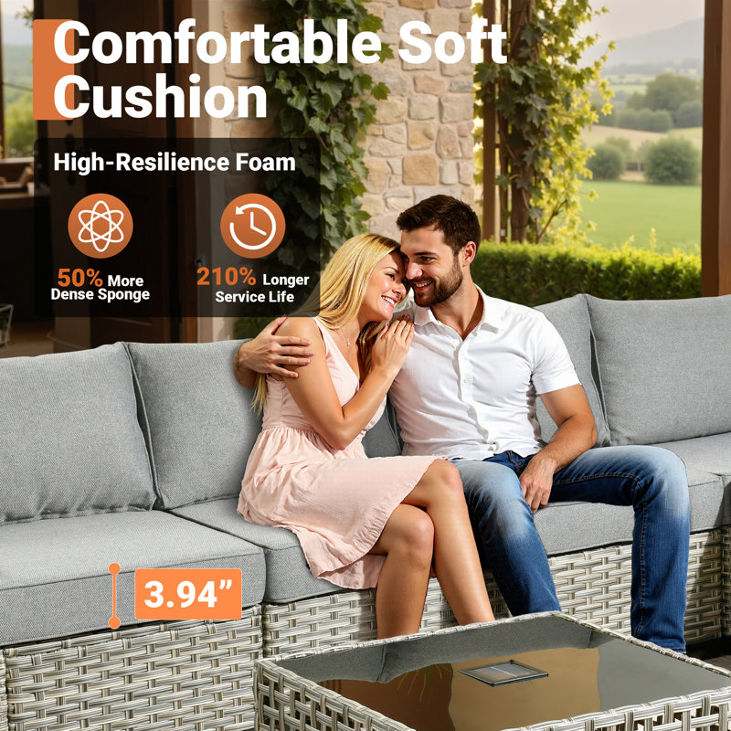 Wahkon Wicker/rattan 5 - Person Wicker Sectional Seating Group with Lighted Coffee Table, Modern Modular Outdoor Conversation Set with Cushions