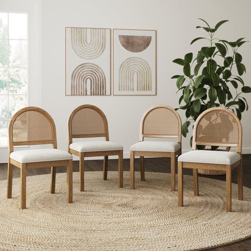 Bailey Cream Boucle and Cane Side Chair Set with Light Brown Wood Frame