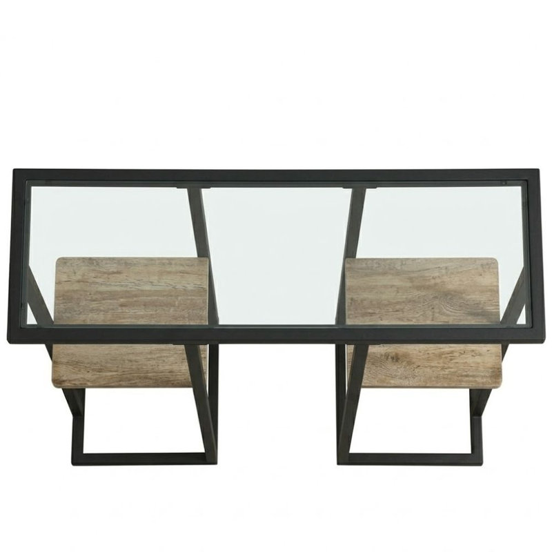 Wenviro 47 In. Sand Black Rectangular Glass Console Table With Wood Shelves