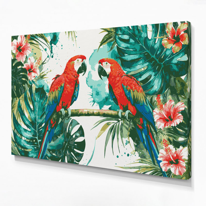 «Hawaiian Parrots», art mural sur toile verte, H 20 po x l 24 po