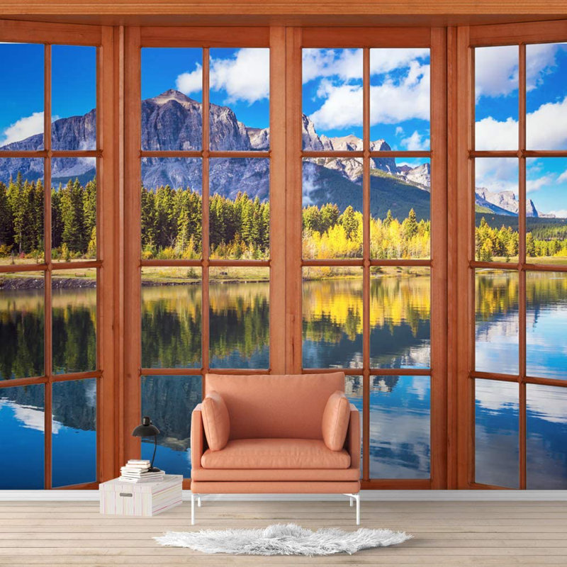Adhésif mural fenêtre vue de la nature, L 100 po x l 144 po