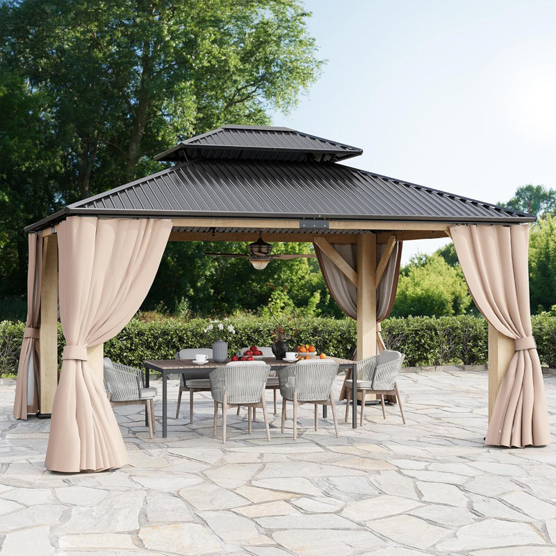 13'x15' Patio Solid Wood Outdoor Hardtop Gazebo with Double Steel Roof, 13"x 15"