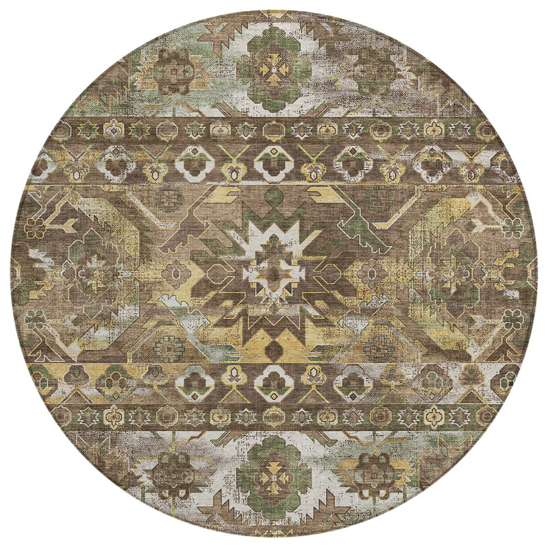 Tapis lavable à la machine intérieur / extérieur ACN2638, Brun, Rond 8 pi