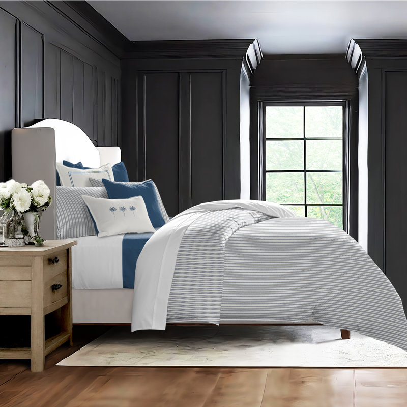 Pacific Stripe Reversible Cotton Duvet Cover Set, Denim, Queen Duvet Cover + 2 Queen Shams