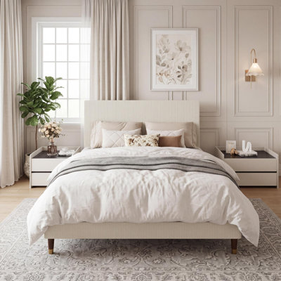 Base de lit plateforme grand, cadre de lit grand moderne avec tête de lit tapissier et support de lattes en métal robuste, aucun sommier requis, assemblage facile, beige