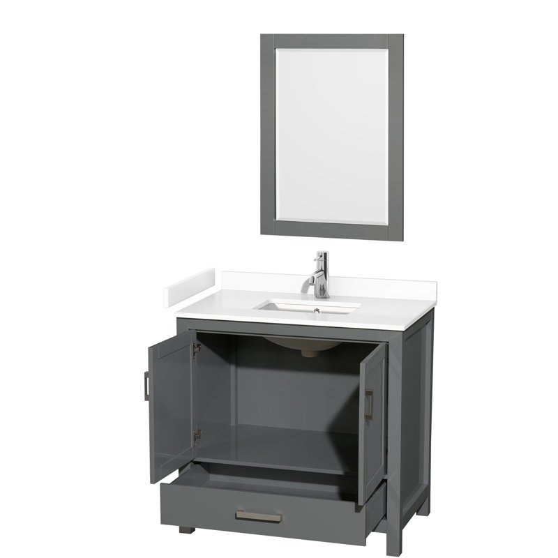 Sheffield 36" Freestanding Single Bathroom Vanity with Cultured Marble Top with 24" Mirror, Dark Gray, White Cultured Marble