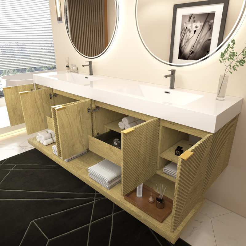 Ensemble de meuble-lavabo mural 84 po avec portes et tiroir intérieur Moreno Stella, Teck chêne