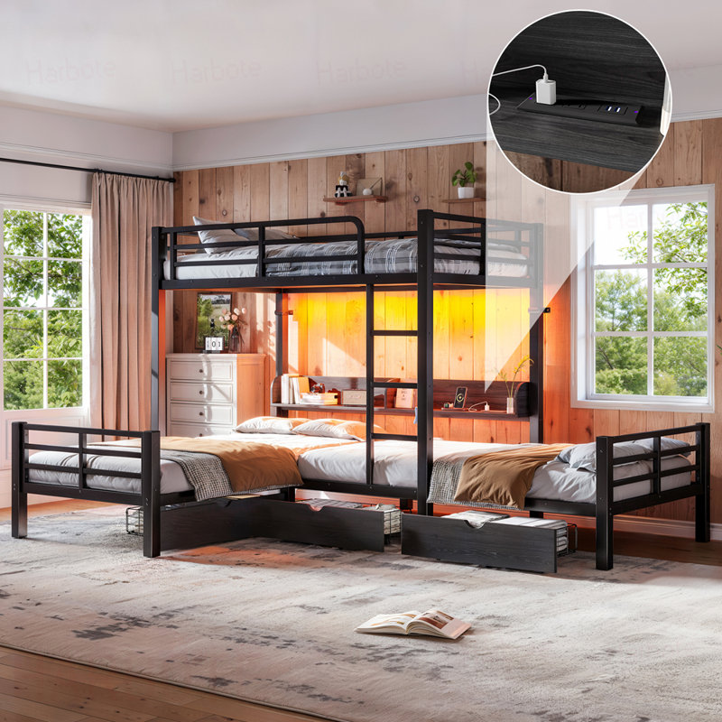Lit mezzanine triple avec tablettes de rangement et tiroirs, lit simple mezzanine simple et simple avec lumières à DEL et ports USB, lit mezzanine en L pour 3 personnes