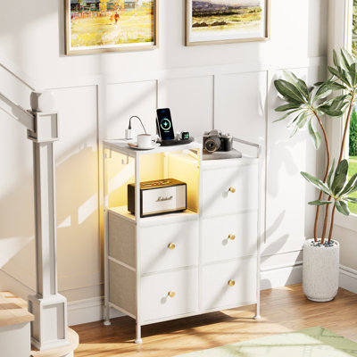 5-Drawer Dresser with Charging Station&LED, Nightstand with Shelf Small Chest Organizer White by Wrought Studio