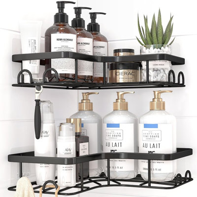Ensemble de 2 paniers de douche en coin avec 8 crochets, tablettes de salle de bain adhésives sans perçage, supports de douche en acier inoxydable antirouille, noir