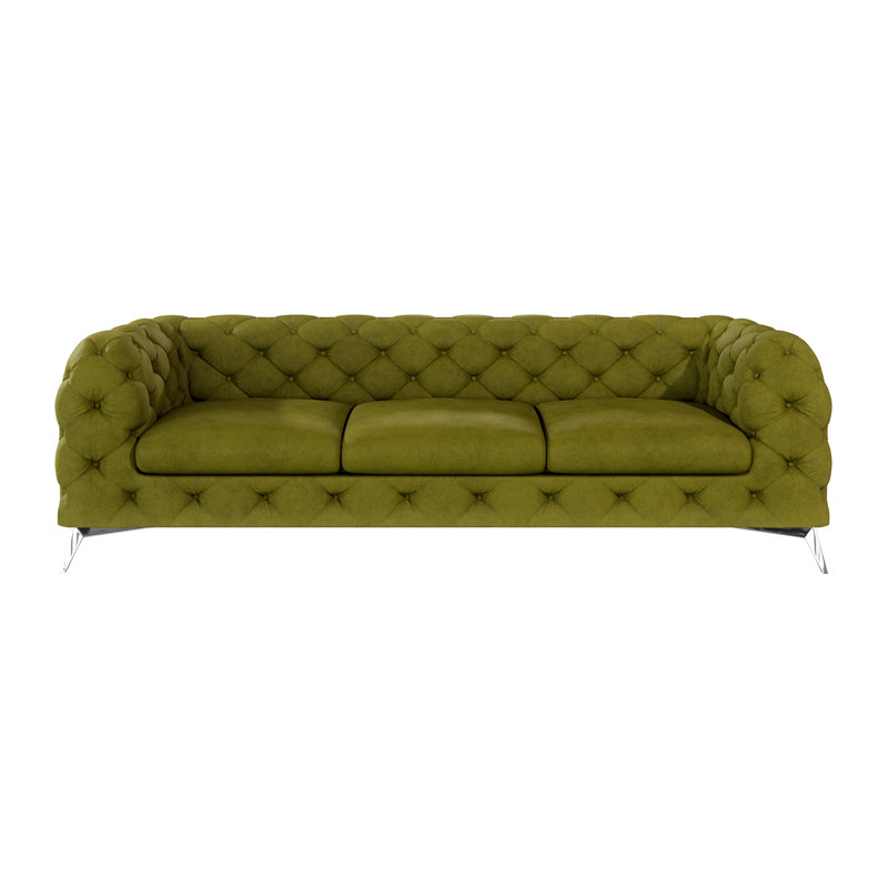 Chesterfield Sofa  3 Seater with Silver Metal Legs, Olive