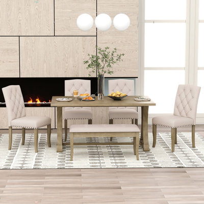 6-Piece Farmhouse Dining Table Set, Rectangular Trestle Table And 4 Upholstered Chairs & Bench For Dining Room