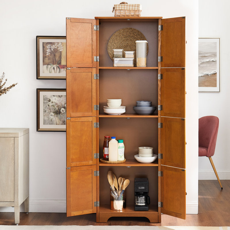 Armoire de rangement de 72,4 po de hauteur en chêne, 8 portes et 4 tablettes. Pour différents espaces. Extérieur lisse, structure de pièces multiples. Finition, fabrication stable