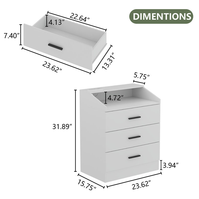 Commode 3 tiroirs avec prise de courant avec éclairage DEL Jurene