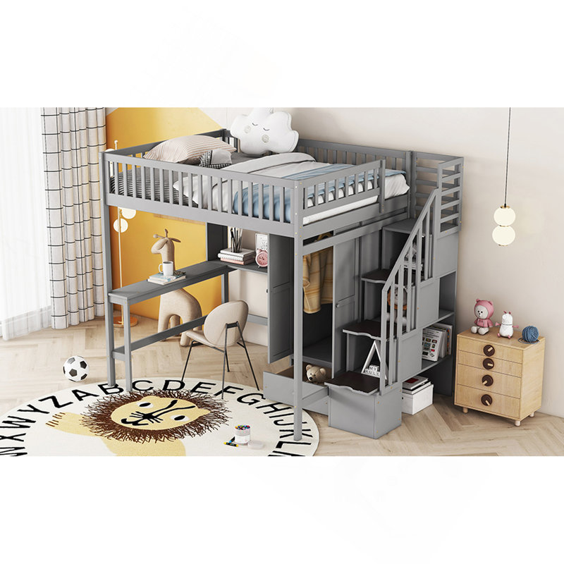 Lit mezzanine double avec bibliothèque, tiroirs, bureau et garde-robe gris, Gris