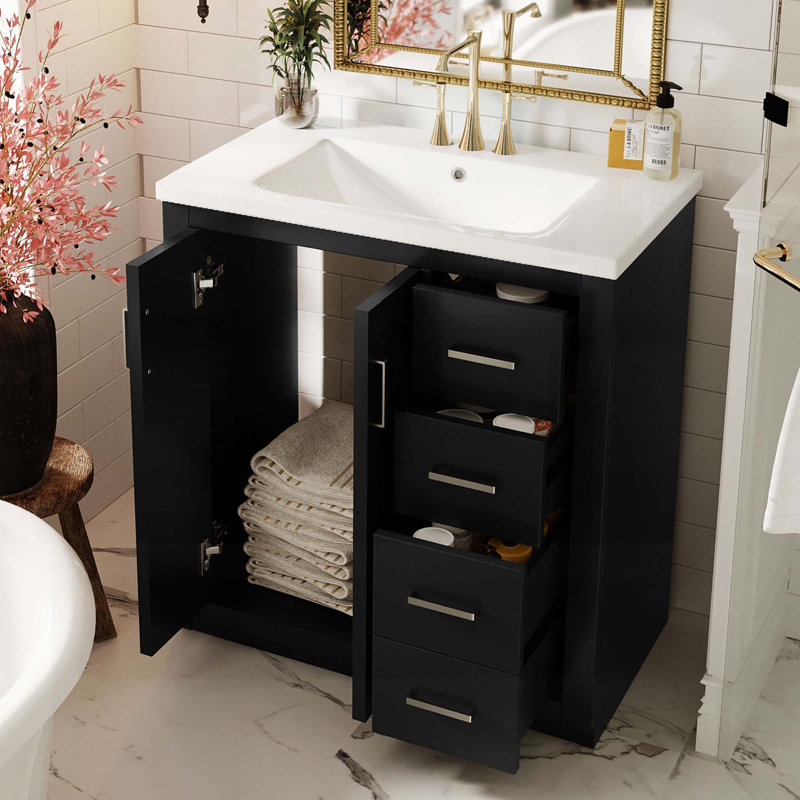 Meuble-lavabo de 30 po avec lavabo en céramique, structure en bois massif, rangement spacieux, portes et tiroirs à fermeture en douceur