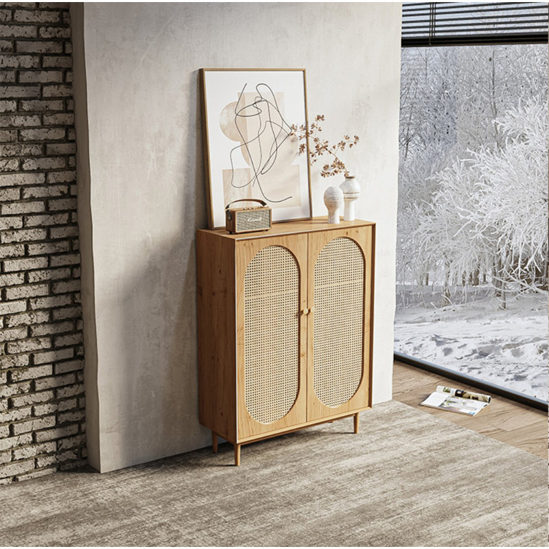 Solid Wood Rattan Woven Porch Cabinet Solid Wood Accent Cabinet, Burlywood