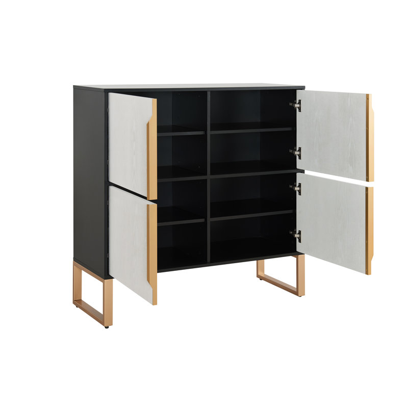 Armoire de rangement moderne à 4 portes en grain de bois blanc avec poignées en métal doré - Buffet polyvalent et bar à café pour l'organisation de la salle à manger, de la cuisine et du salon