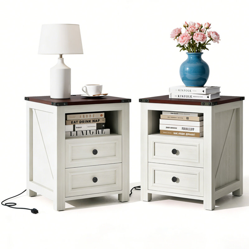Table de chevet et table de bout 18 po avec station de charge et tablette de rangement ouverte, Blanc, Ensemble de 2