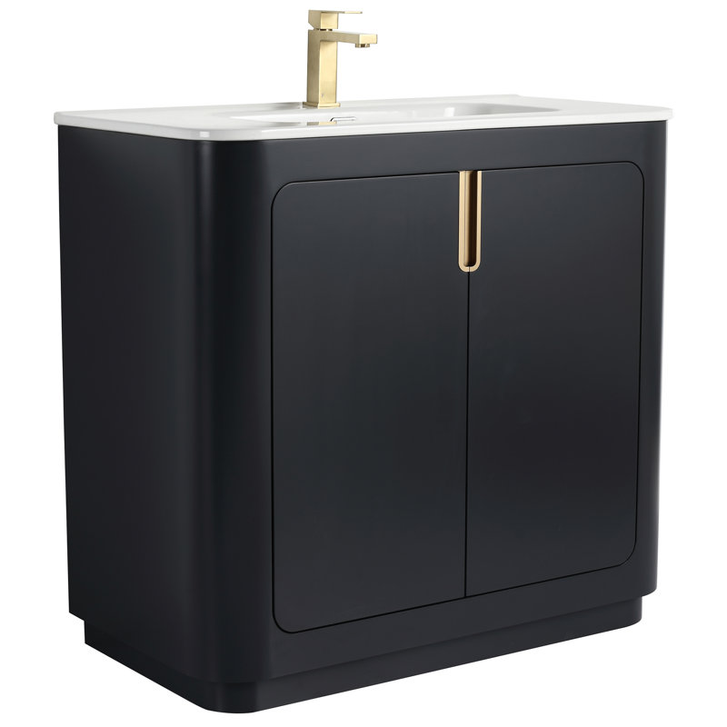 Atticus 36 Inch Bathroom Vanity with Sink, Black/Satin Brass