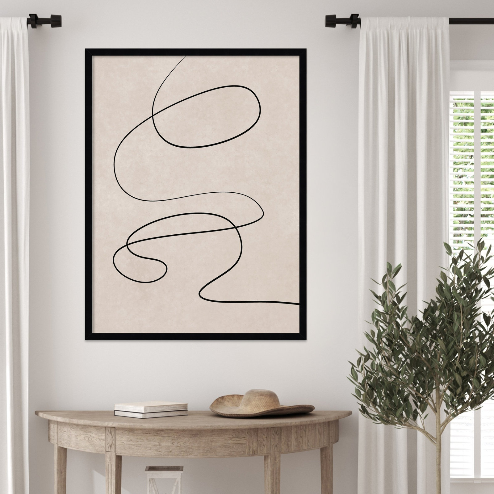 Black Line and Textured Beige Print, 33" H x 25" W, Black