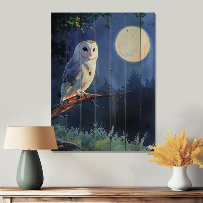 Owl In The Moonlight In Cartoon Style I - Owl Animal Wood Print - On Natural Pine Wood