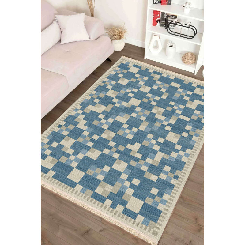 🟦 Blue Pixel Plaid Woven Area Rug
