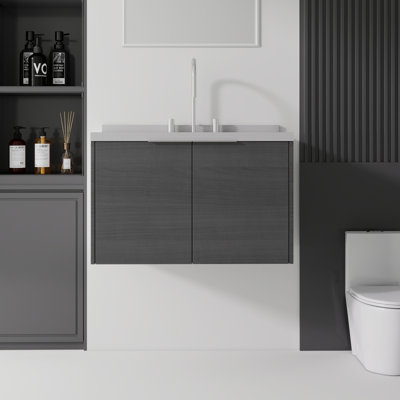 Meuble-lavabo flottant 30 po avec lavabo, porte à fermeture en douceur, comptoir et dosseret en granite blanc cultivé 2 po, contreplaqué, gris