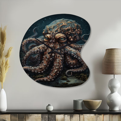 Brown Octopus Under The Sea - Brown Asymmetrical Metal Clocks, Modern Irregular Shape Metal Wall Clock Print