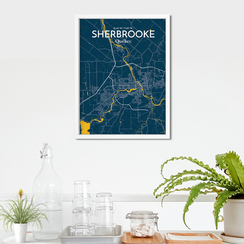 Sherbrooke, carte de la ville, impression, H 24 po x l 18 po, Bleu / Jaune