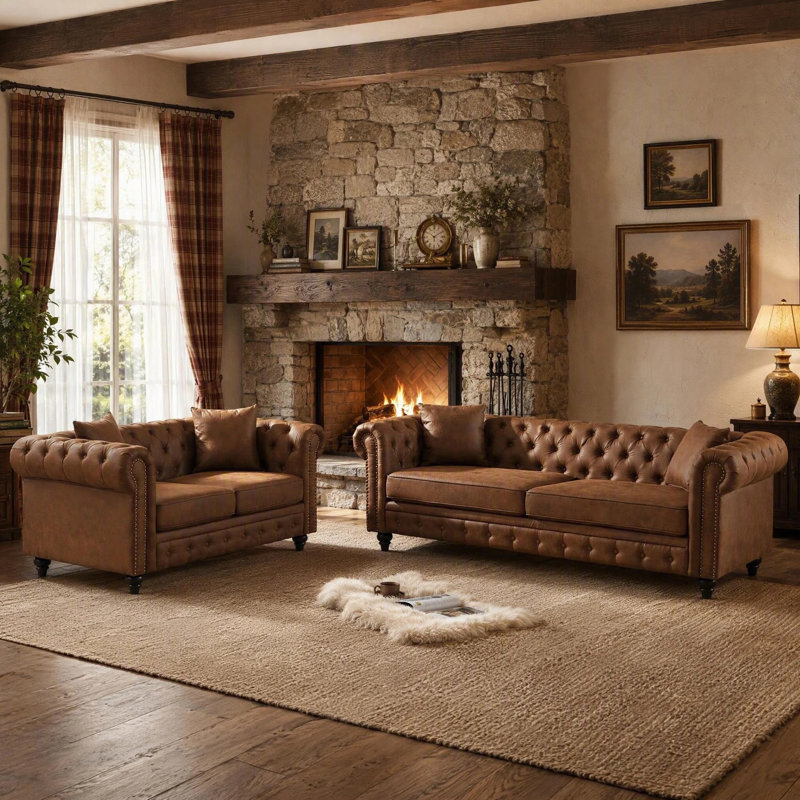 Ensemble canapé 3+2 places, canapé Chesterfield moderne du milieu du siècle, canapé en tissu technique avec accoudoirs roulés et 4 coussins