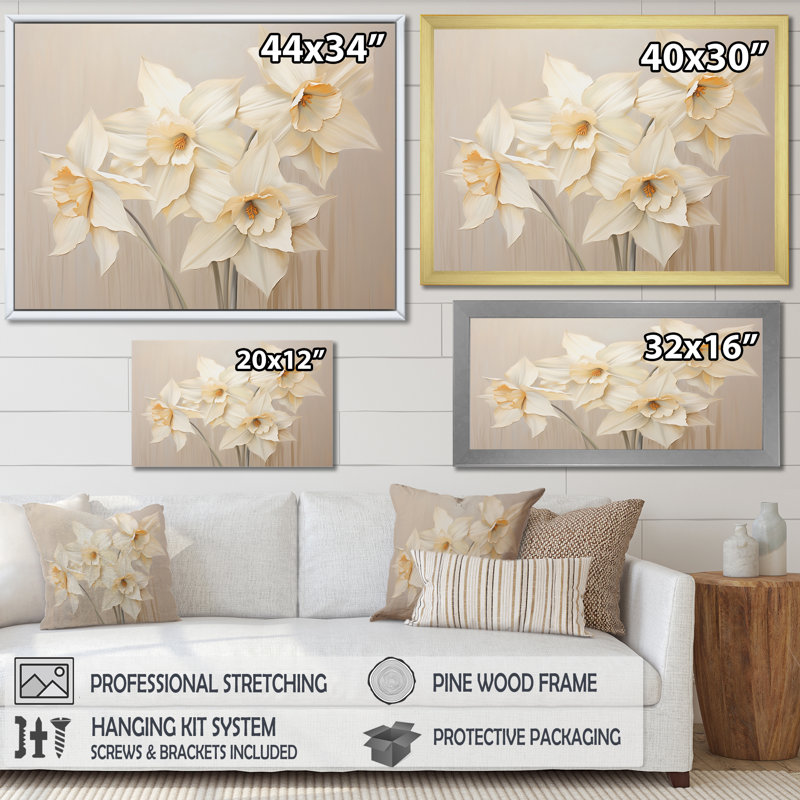 Minimalisme beige jonquilles I sur toile, Toile tendue, H 24 po x l 32 po