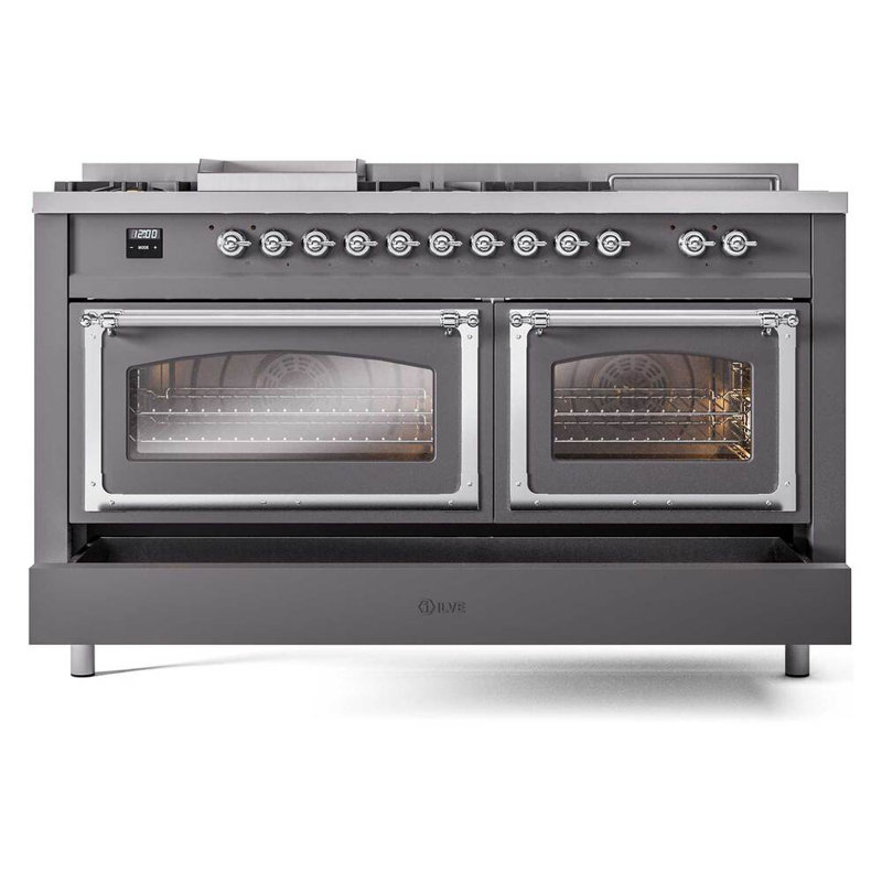 ILVE Nostalgie II Noblesse 60 in Dual Fuel Range 7 Burner, Griddle, Frenchtop, Graphite Matte/Chrome, Natural Gas